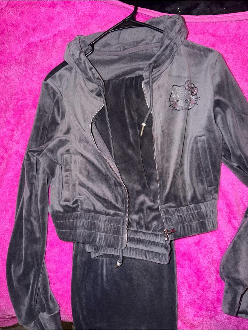 Hello Kitty Charcoal Velour Cropped Zip Jacket with Embellished Logo